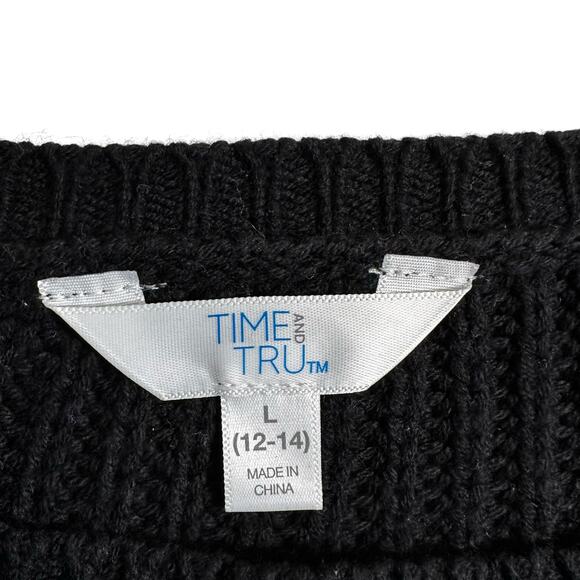 Time and Tru Chevron Pullover Knit Sweater Large 12-14 Gray Black White Cozy - Picture 9 of 12